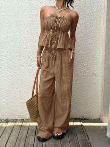 SHEIN EZwear 棕色女士梭织棉麻休闲吊带背心上衣和裤子套装 - 棕色 - 查看 4