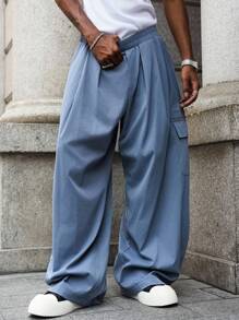 Manfinity Hypemode Pantalones casuales sueltos con bolsillos con solapa para hombres - Celeste - Ver 5