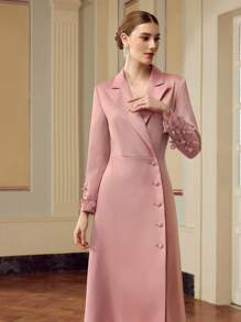 ZEYLAH Women's Solid Color Lapel Collar Long Sleeve Elegant Midi Dress With Embroidery Decor And Single-Breasted Button - Pink - View 1