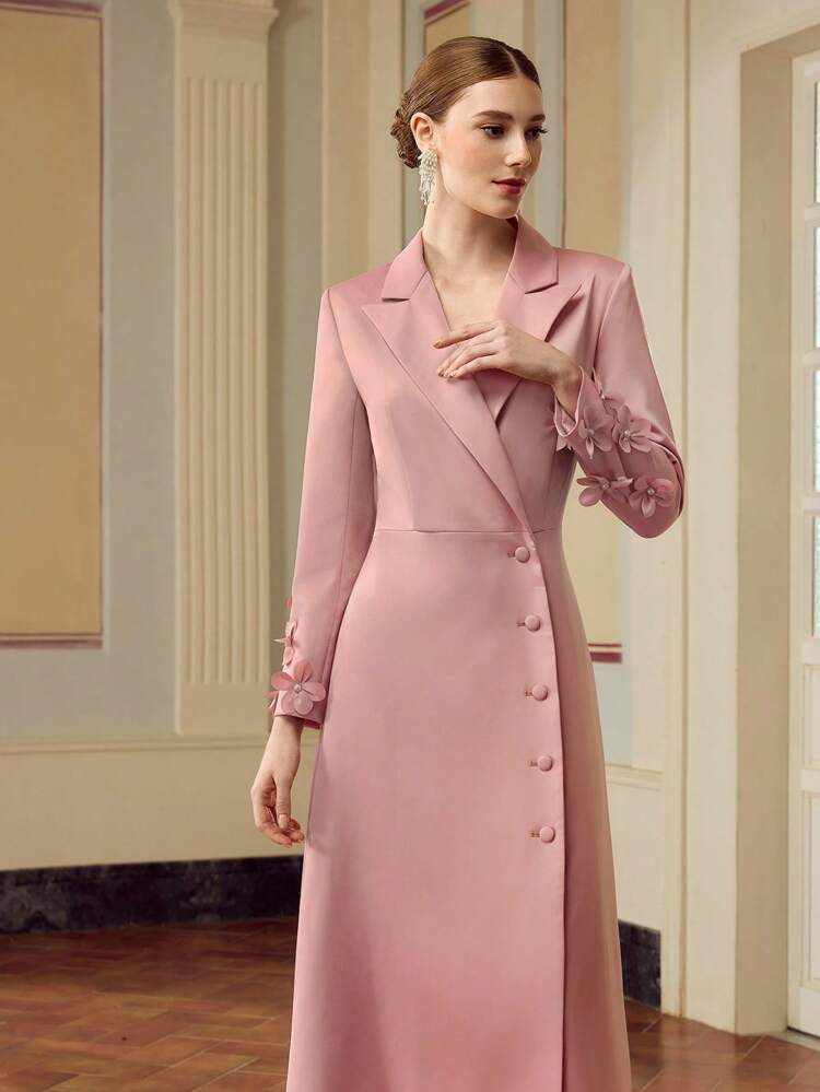 ZEYLAH Women's Solid Color Lapel Collar Long Sleeve Elegant Midi Dress With Embroidery Decor And Single-Breasted Button