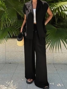 DAZY 2 chiếc áo len cardigan màu trơn giống vải lanh thường ngày dành cho nữ và quần dài kiểu dáng đi nghỉ - màu đen - Xem 1