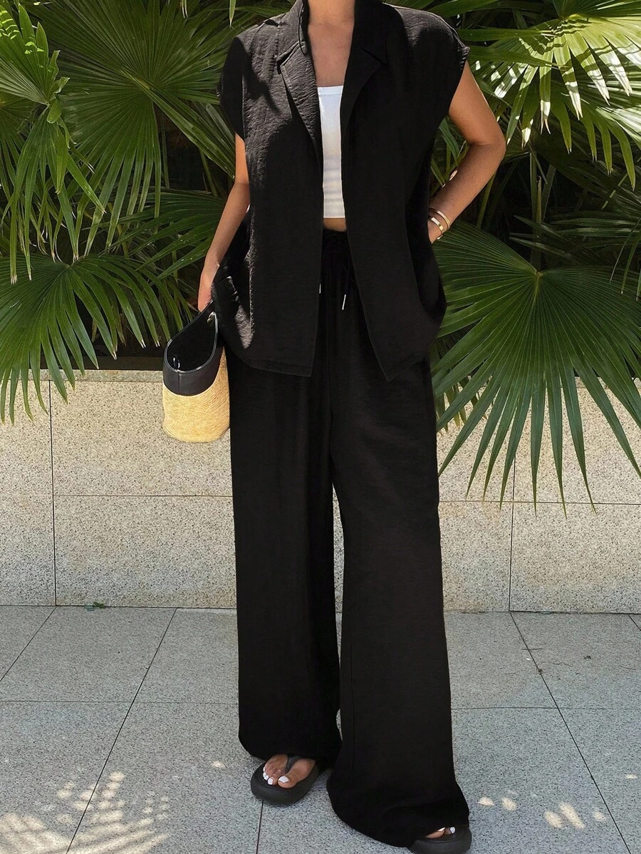 DAZY 2 chiếc áo len cardigan màu trơn giống vải lanh thường ngày dành cho nữ và quần dài kiểu dáng đi nghỉ - màu đen - Xem 1