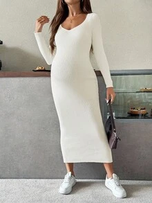 SHEIN Autumn And Winter  Maternity Casual Solid Color Fitted Knit Dress - Apricot - View 6