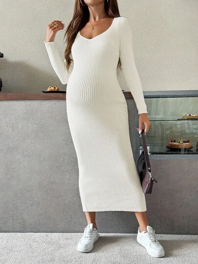 SHEIN Autumn And Winter  Maternity Casual Solid Color Fitted Knit Dress