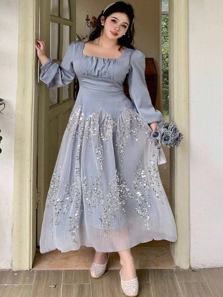 Dazy Plus Plus Size Solid Color Patchwork Sequin Mesh Long Sleeve Party Dress, Spring/Autumn Luxury Prom Dress Elegant Women Dresses Sparkly Dress Maxi Dress