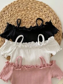 3入組嬰兒女孩休閒簡約可愛針織實色露肩短袖上衣套裝 - 彩色 - 查看 6