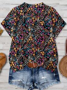 EMERY ROSE 大码女式夏季碎花袖V领休闲衬衫 - 彩色 - 查看 2