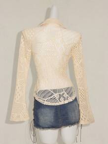 SHEIN ICON Damen neue vintage Spitzen Patchwork asymmetrische figurbetonte Hemd Bluse, Apricot