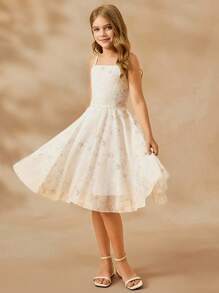 SHEIN Tween Girl Elegant Floral Print Cami Dress, Sleeveless High Waist Chiffon Dress For Summer, Apricot