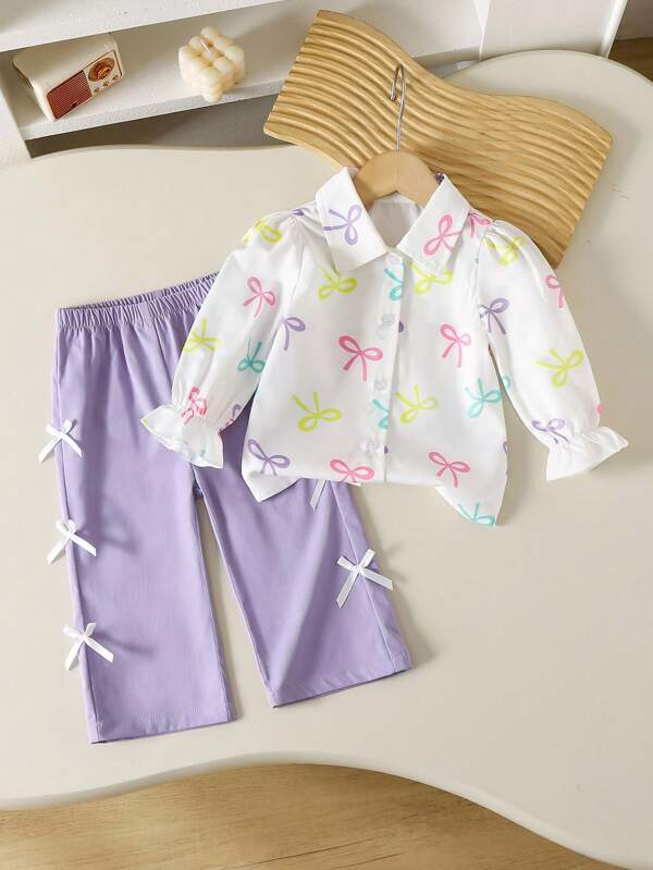 Baby Girl Bow Print Long Sleeve Single-Breasted Shirt And Pants Casual Suit