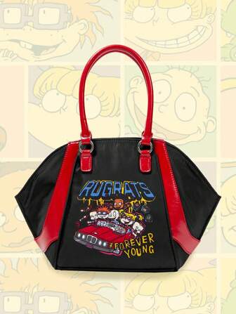 Nick 90's X ROMWE Borsa da donna con manico superiore, in colorblock e motivo a cartoni animati, con bordo rosso