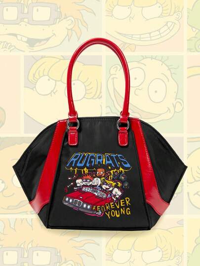 Nick 90's X ROMWE Damen Farbblock Cartoon Muster Mode Rot Rand Top Griff Tasche