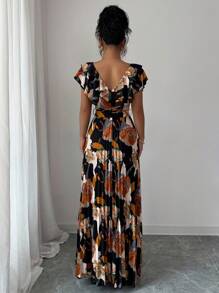 Elenzga Halloween V-Neck Digital Print Vacation Style Ruffle Waist A-Line Elegant Romantic Women Dress