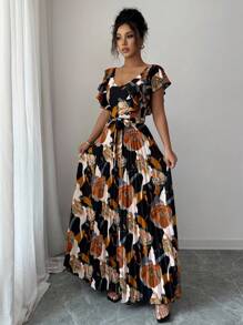 Elenzga Halloween V-Neck Digital Print Vacation Style Ruffle Waist A-Line Elegant Romantic Women Dress