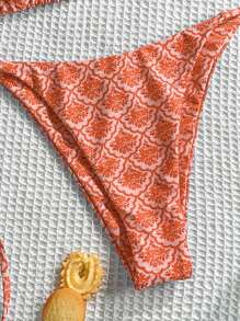 Swim Mod Women Summer Beach Floral Print Halter Tie Sexy Bikini Set, Printed Pattern Randomized - Orange - View 3