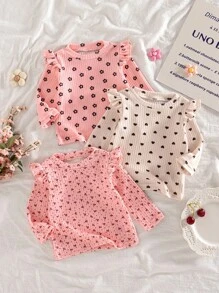 SHEIN 3pcs/Set Baby Girl Soft And Comfortable Skin-Friendly Allover Ruffled Cuff Allover Print Long Sleeve Baby Girl Clothes