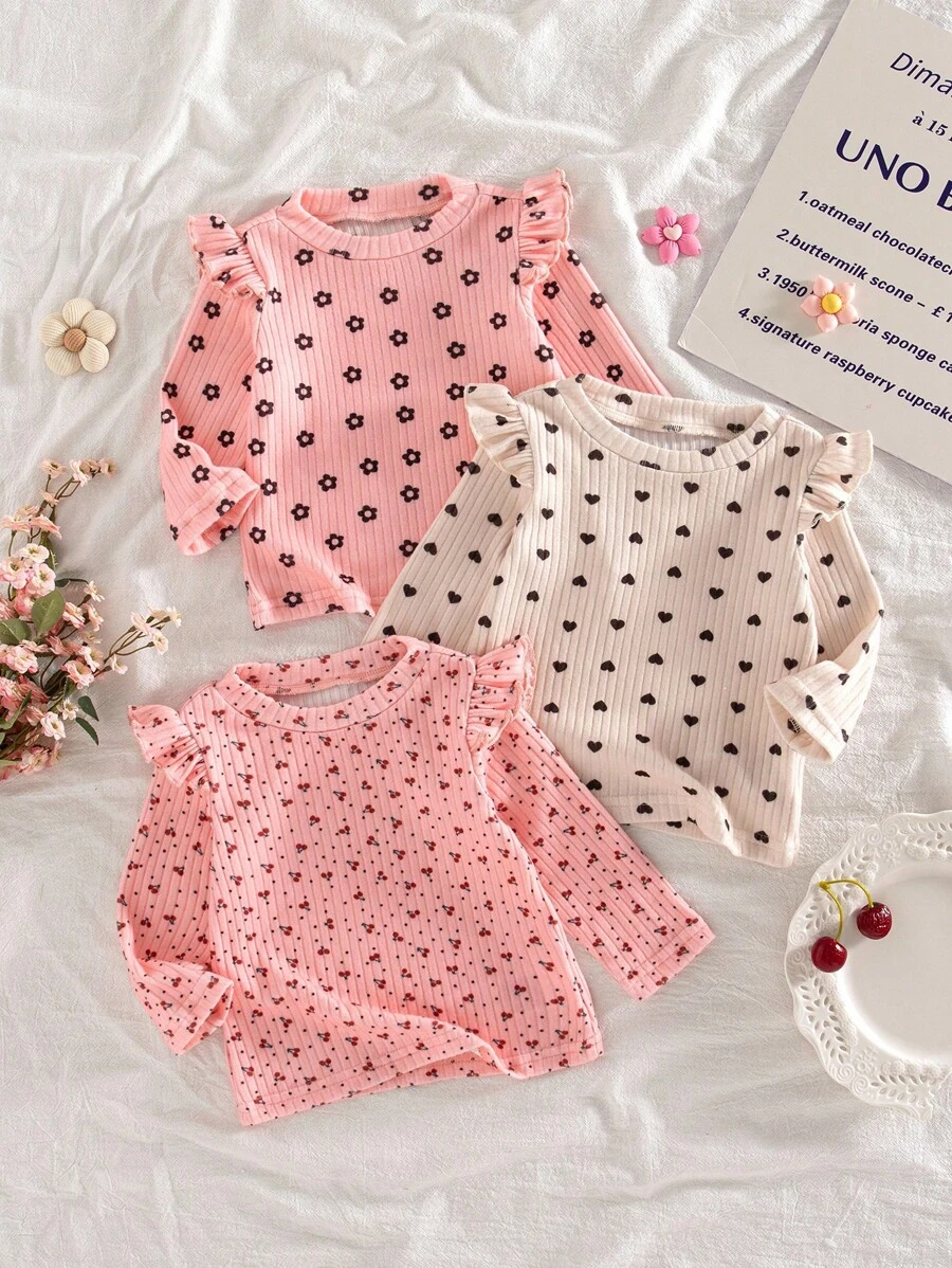 SHEIN 3pcs/Set Baby Girl Soft And Comfortable Skin-Friendly Allover Ruffled Cuff Allover Print Long Sleeve Baby Girl Clothes