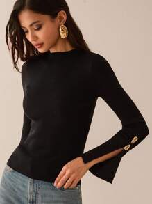 Lilora Long Sleeve Slit Metal Decor Bodycon Sweater In Fall/Winter - Black - View 6