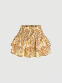 Sweetra Spring & Summer Style Vacation Cashew Flower High Waist Ruffled Hem Short Women Skirts - Orange - View 1