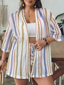 SHEIN VCAY 大码女式蓝白条纹衬衫和短裤针织两件套，夏季假日 - 彩色 - 查看 7