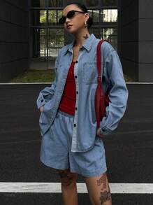 Livesso 女士夏季休闲牛仔衬衫和短裤套装 - 藍色 - 查看 4