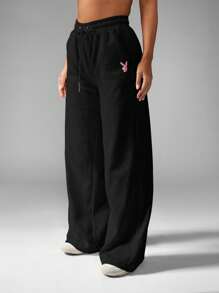 Missguided x Playboy Wide Leg Lounge Joggers High Waist Drawstring Palazzo Pants Relaxed Fit Everyday Athleisure Comfort Cozy Winter Bottoms - Black - View 2