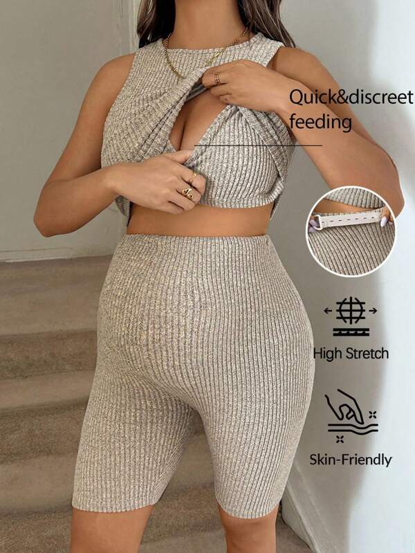 SHEIN 2 Stücke/Set Umstandsmode Einfarbig Träger Top und verstellbare Taille Shorts Still-Set