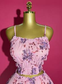 Slaydiva Women Pink Summer Boho Vacation Holiday Floral Print Sheer Ruffled Strap Top & Ruffled Mini Skirt Swimsuit Set, Beach Outing Music Festival Outfit - Pink - View 7