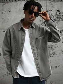 PAVTROS Manfinity Streetrush Niche Rivet Washed Denim Jacket For Men With Turndown Collar Grey Denim Shirt - Grey - View 1
