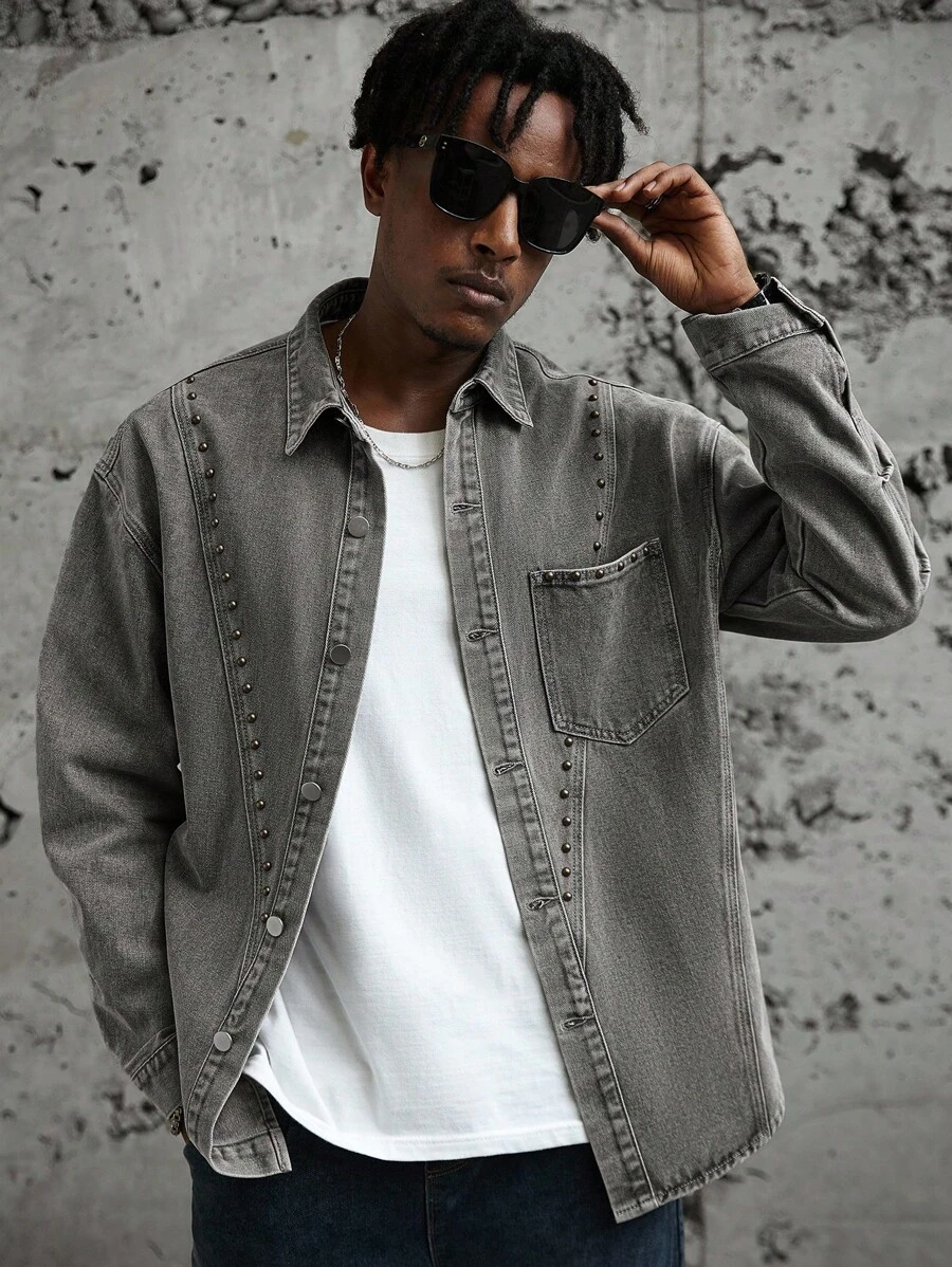 PAVTROS Manfinity Streetrush Niche Rivet Washed Denim Jacket For Men With Turndown Collar Grey Denim Shirt - Grey - View 1