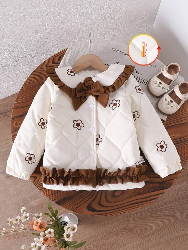 Veste matelassée épaisse pour bébé fille avec nœud brodé, ivoire, convient pour l'extérieur en hiver