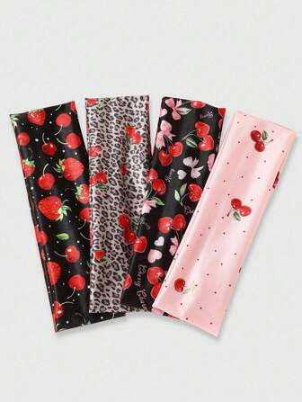 Kawaii 4pcs Cherry Print Stretchy Wide Sports Headbands, Suitable For Daily Life, Holidays, Yoga, Decoration For Women