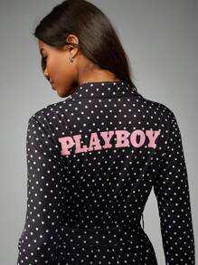 Missguided x Playboy Christmas Luxury Polka Dot Print Soft Comfortable Lounge Robes - Black and White - View 6
