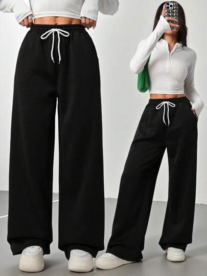 SHEIN Sparklyn 青少年女孩抽绳腰带口袋宽腿宽松休闲裤