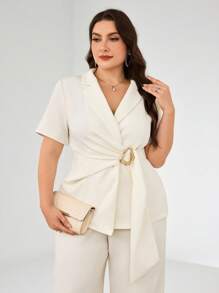 Modelyn Conjunto de traje de talla grande, chaqueta y pantalones de unicolor - Albaricoque - Ver 5