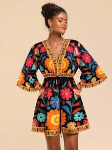 Travachic 梭织印花V领3/4袖宽松女式迷你连衣裙