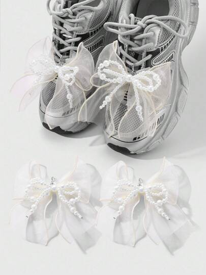 Kawaii 2pcs Korean Stylish Minimalist Versatile High-Quality Handmade Beaded White Faux Pearl & Yellow Tulle Double-Layer Bowknot Shoe Clip Decorative Set, Suitable For Women & Girls, Great For Daily Use And Gifts