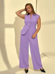 Auralis Plus Size Solid Color Front Button Shirt & Trousers 2 Pieces Set, Elegant - Mauve Purple - View 5