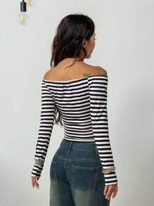 Coolane 女士日常外出穿的垃圾摇滚风灰黑条纹针织露肩长袖T恤 - 黑與白 - 查看 2