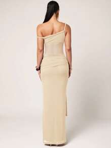 Silquee 女式夏季简约纯色不对称肩部紧身连衣裙，优雅米色连衣裙 - 杏色 - 查看 2