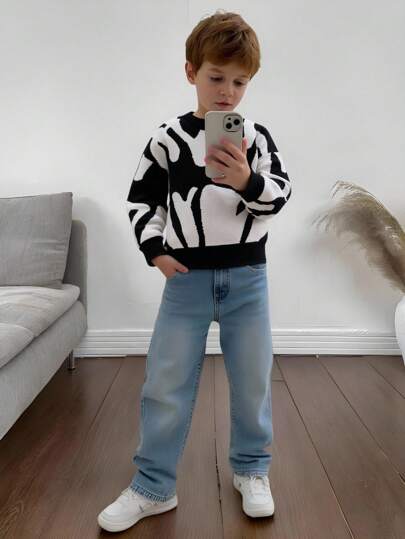 SHEIN 1pc Young Boys Casual Streetwear Style Soft & Comfortable Minimalist Letter Colorblock Printing Crew Neck Pullover Suitable For Kids Outfits, Young Boy Clothes, Back To School Boys Set, Birthday Party, Gala, Performance, Wedding, Baptism, School Opening Ceremony, Daily Wear, Travel, Sports, Autumn Winter Season