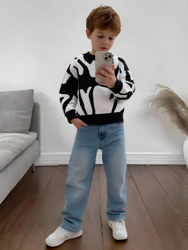 SHEIN 1 pièce Pull col rond jeunes garçons, style streetwear décontracté, doux et confortable, impression blocs colorés minimaliste avec lettres, adapté pour tenues d'enfants, vêtements pour jeunes garçons, rentrée scolaire, anniversaire, gala, représentation, mariage, baptême, cérémonie de rentrée scolaire, port quotidien, voyage, sport, saison automne hiver