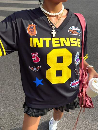 SHEIN 青少年女孩宽松休闲简约舒适V领短袖数字图案套头衫