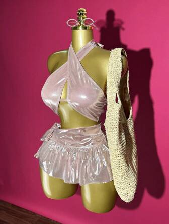 Slaydiva Neuer sexy Sommer 2025 Metallic Kreuz-Träger Bikini-Top mit Bindedetails und Volant Mini-Rock, Tanga Bikini Unterteil 3 Stücke Set, geeignet für Musikfestival, Ostern, Strandurlaub, Abschlussparty, sexy Club-Outfit, Geburtstags-Party, Boho-Stil, Babe, täglicher Ausgang - A