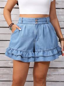 EMERY ROSE Plus Size Women Casual Wash Denim Shorts, Asymmetric Pocket & Ruffle Hem, Summer