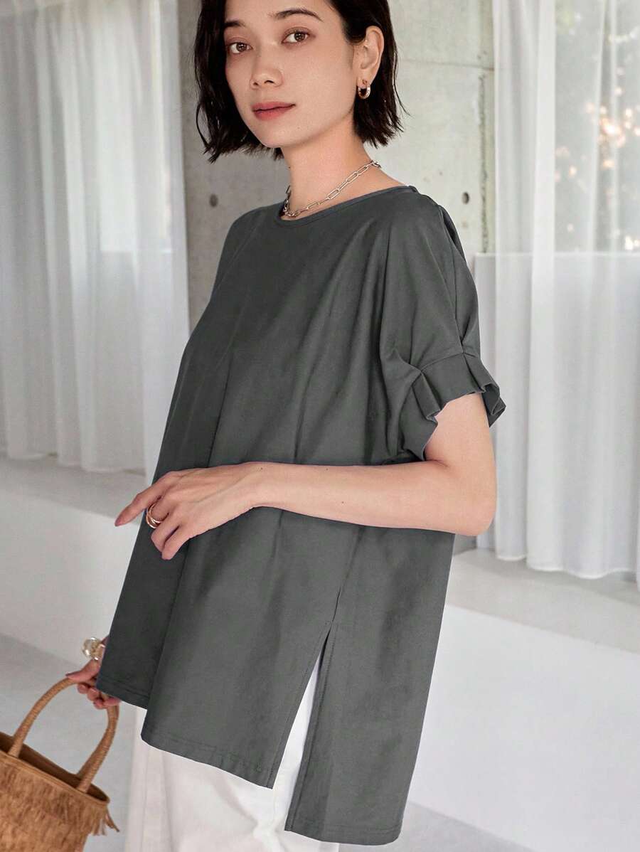 FRIFUL Women's Casual Plain Round Neck Loose Fitting Short Sleeve T-Shirt - Dark Grey - View 1