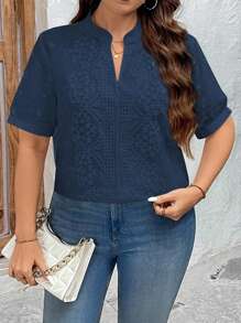 SHEIN Clasi 大码度假休闲纯色镂空刺绣衬衫 - 藏蓝色 - 查看 5