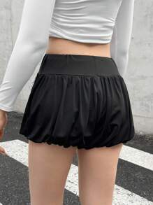 Teenager Mädchen Schwarze Spitzen Taille Kordel elastische geraffter Harem Shorts, Sportlicher Straßenmode-Stil, Spitzenstil, Rückkehr zur Schule