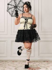 ROMWE EDITION Áo yếm ren tương phản mùa hè cỡ lớn cho nữ thời trang - Màu be - Xem 7