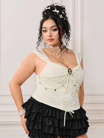 EDITION Plus Size Women Pearl Chain Decor Tie Strap Fashion Camisole